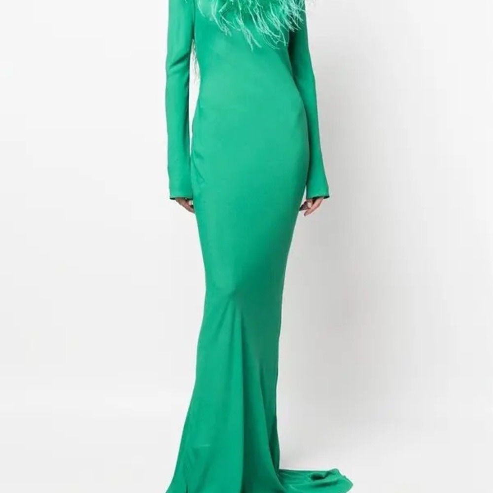 Long Green Feather-Trim Maxi Dress